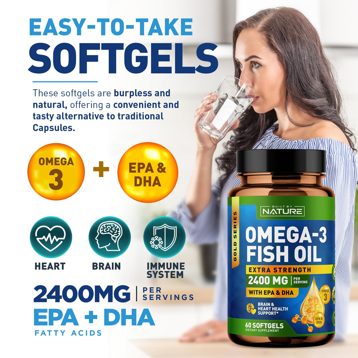 Omega 3 Fish Oil Soft Gels 2400 mg 60 Softgels S983503