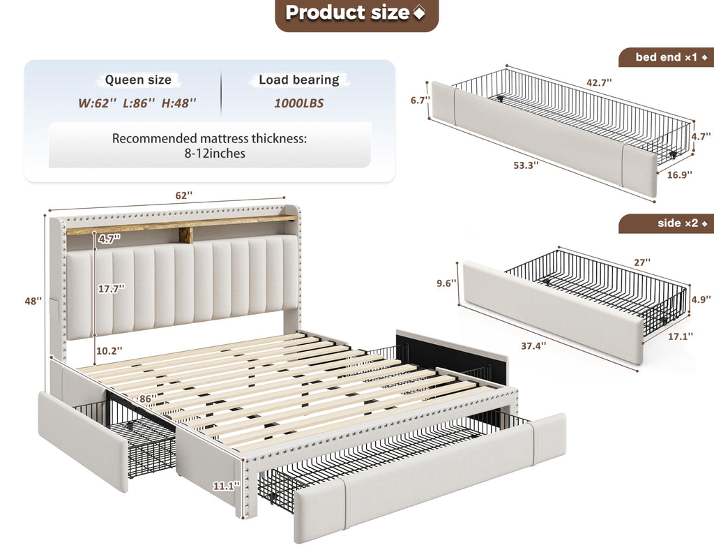 Queen Bed Frame with 3 Storage Drawers & Headboard U657854