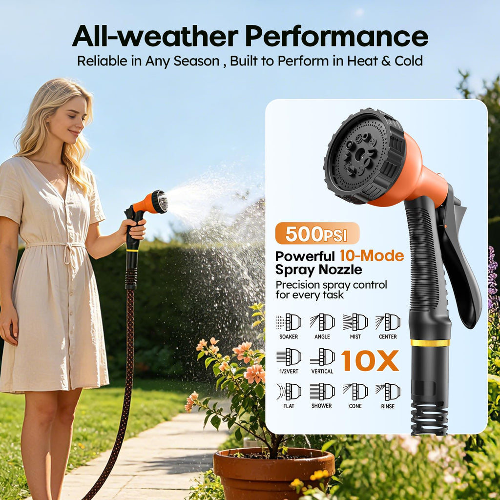3/4" Flexible Non-Expandable Garden Hose with 10 Function Nozzle, 100ft V676015