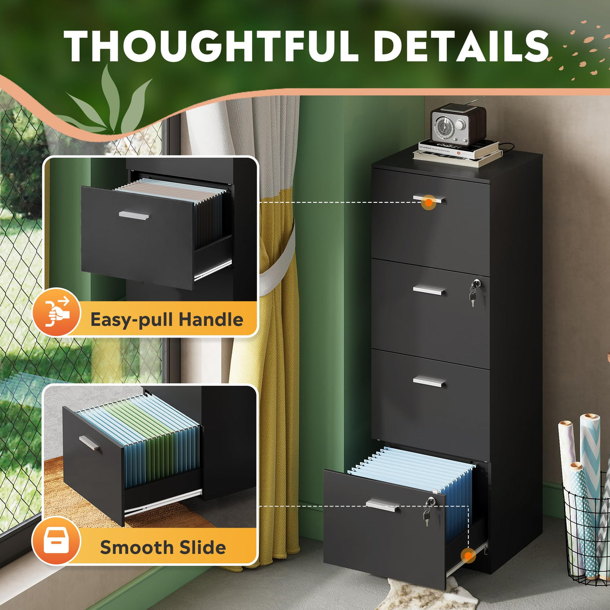 4 Drawer Wood File Cabinet with Lock R8871