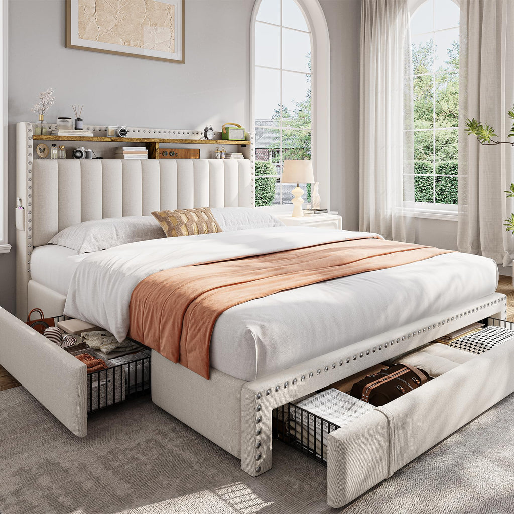 Queen Bed Frame with 3 Storage Drawers & Headboard U657854