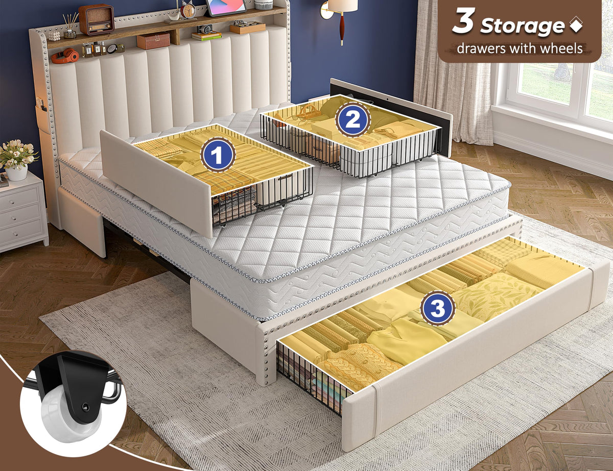 Queen Bed Frame with 3 Storage Drawers & Headboard U657854