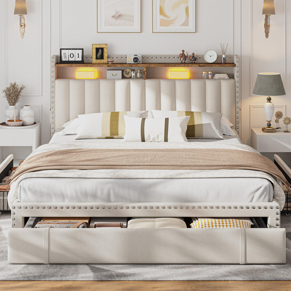 Queen Bed Frame with 3 Storage Drawers & Headboard U657854
