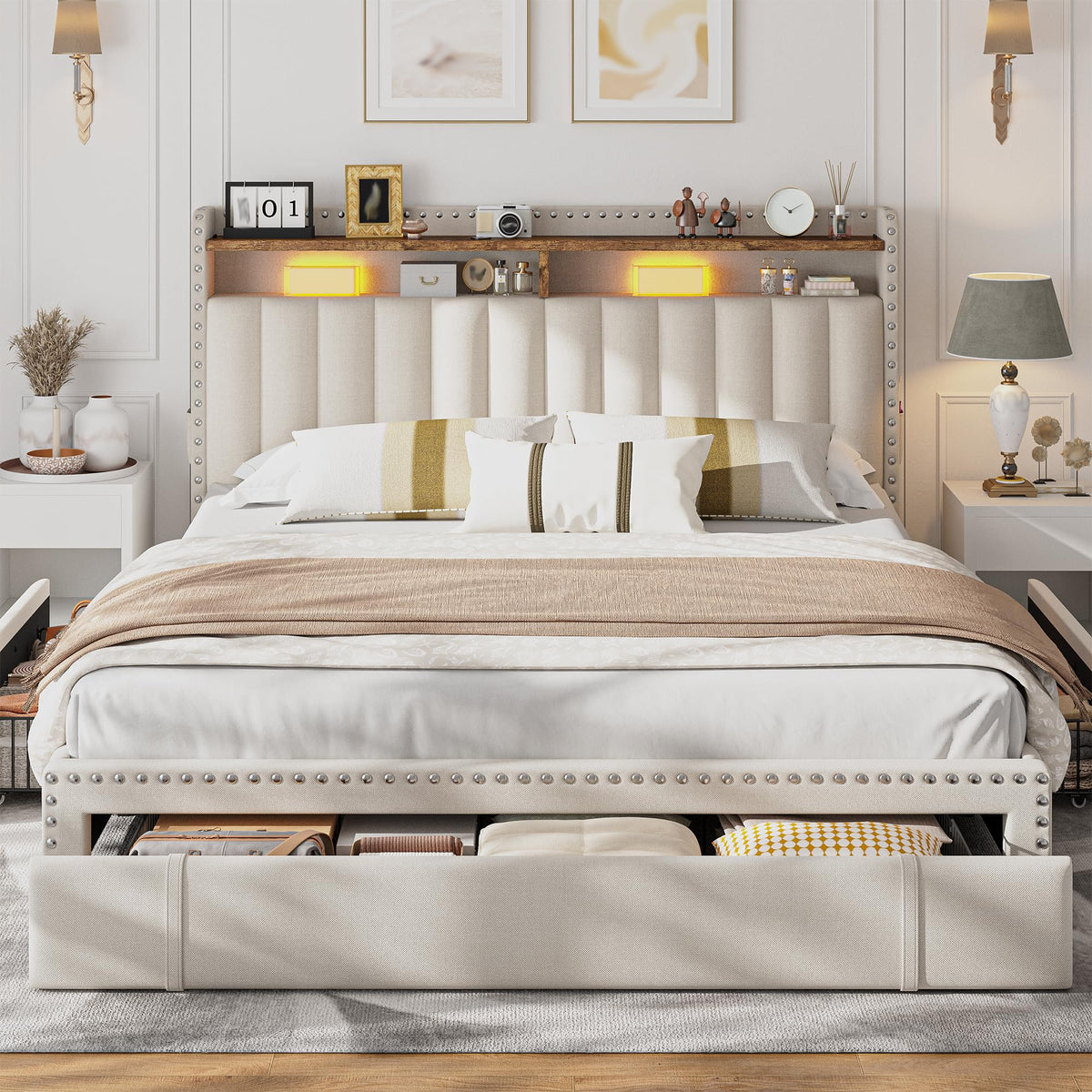 Queen Bed Frame with 3 Storage Drawers & Headboard U657854
